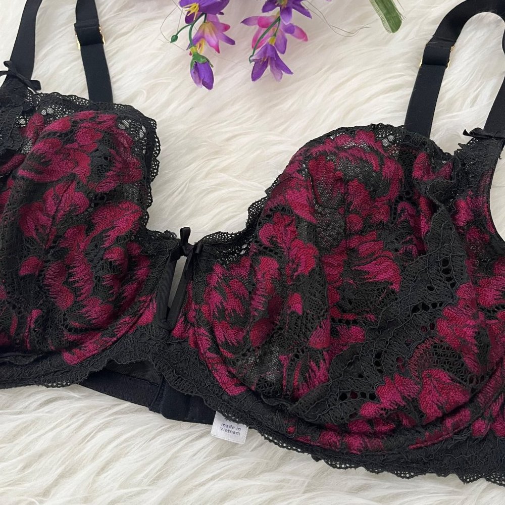 Cacique Bra Plus Size 40 DD Floral Lace Color Black Dark Red Maroon Unlined - Picture 2 of 9